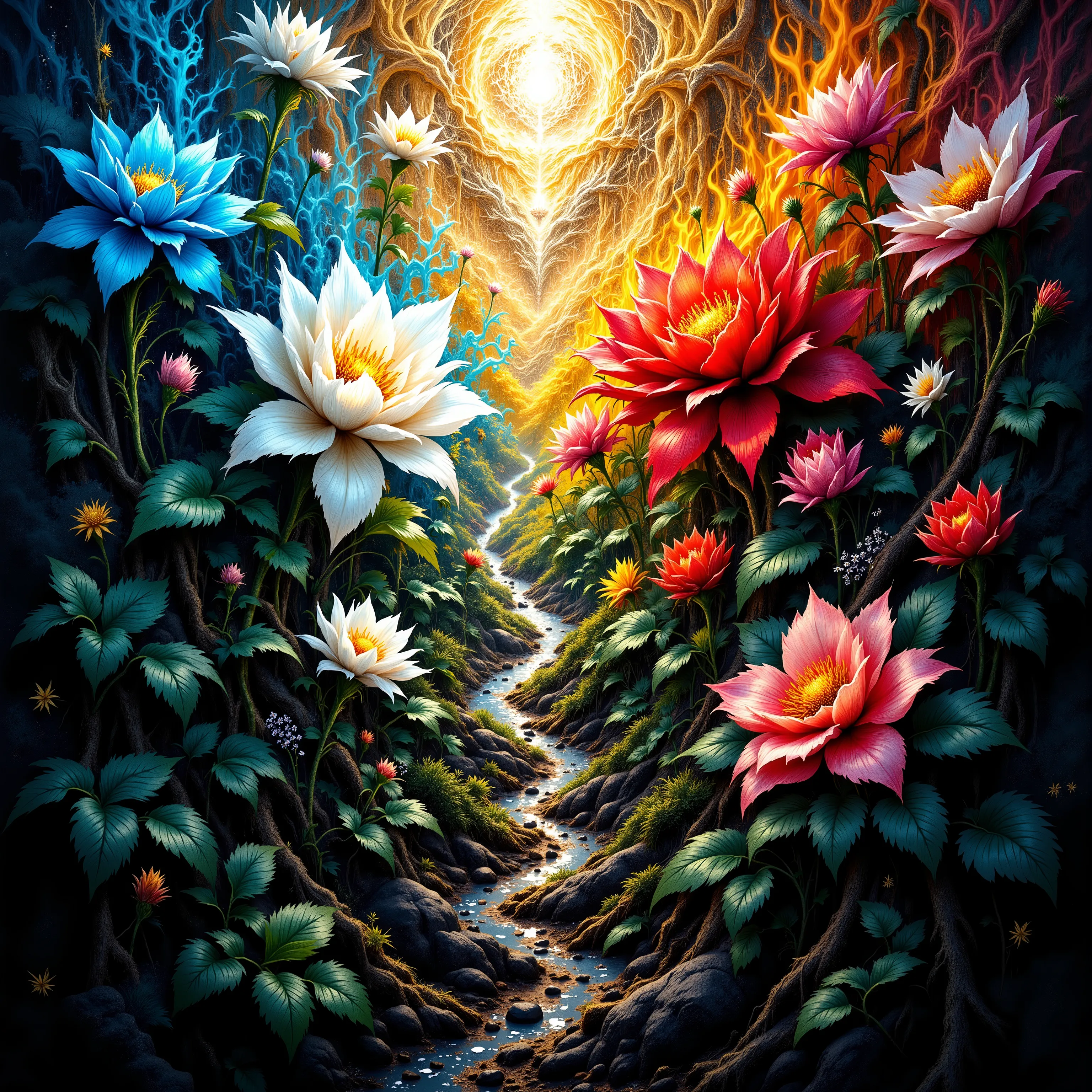 Create an abstract oil painting representing the genesis of life from the four elements. Use an expressive explosion of colors—blue, yellow, red, white, pink, black, and green. The painting should feature a symmetrical and hyper-detailed texture with golde...