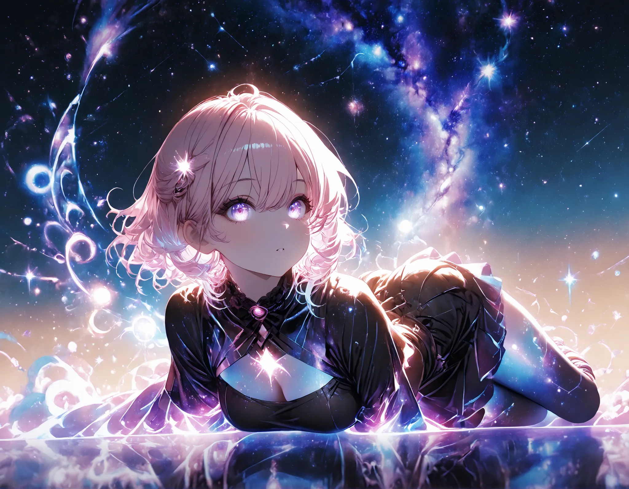 1 girl, violet eyes, light pink hair, short hair, cool, beautiful, medium breast, very cute, lovely, kawaii, 

character focus, depth of field, glowing particles, glowing, reflection, gold theme, ,,Colorful Light, Very Shiny, Very Luminous, Very Colorful, ...