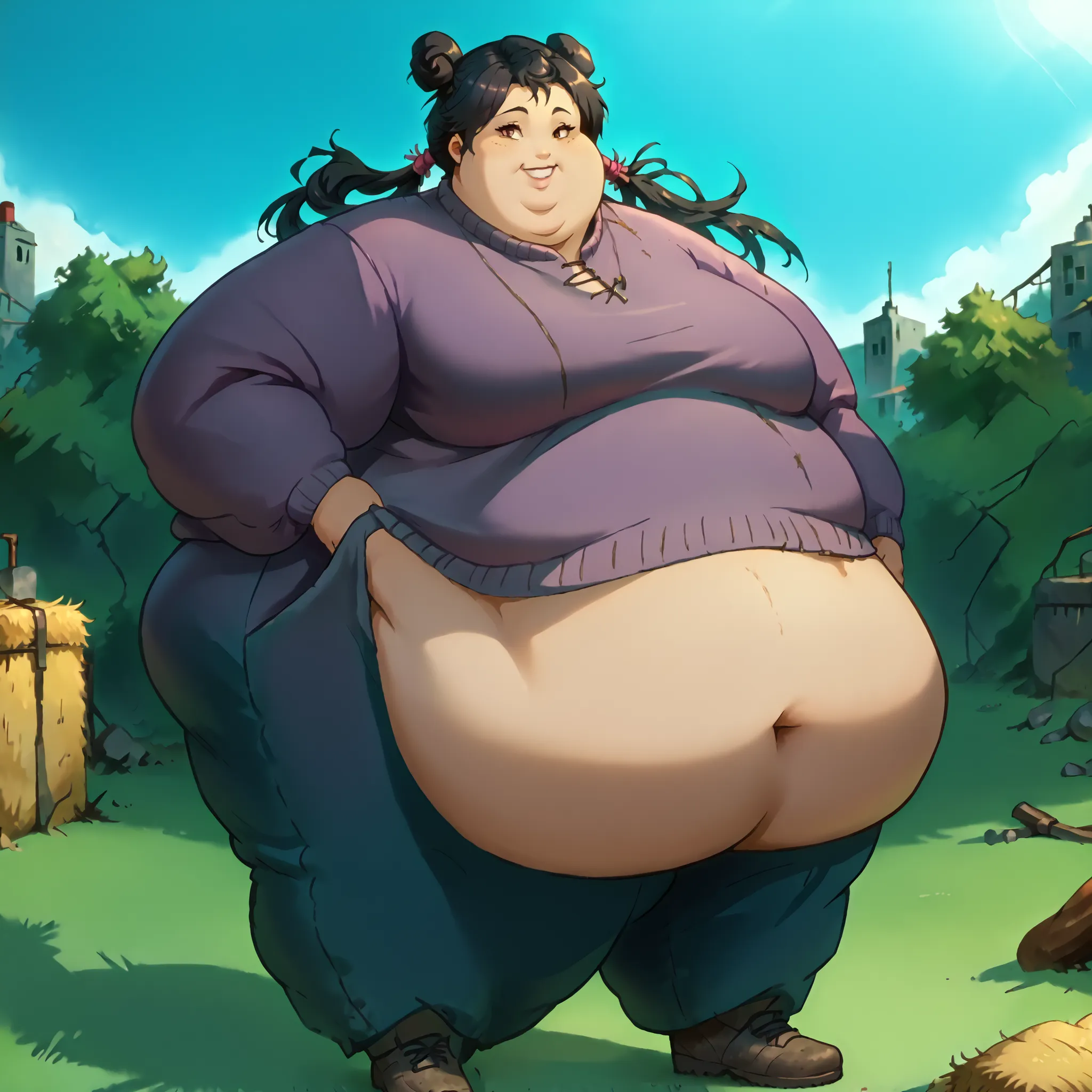 masterpiece, best quality, high resolution,score_9, score_8_up, score_7_up, score_6_up, source_anime, 1girl, solo, hay lin, athleisure, purple jacket, large breasts, long hair, twin tails, black hair, brown eyes, dark skin, smiling, outdoors, wasteland, f...