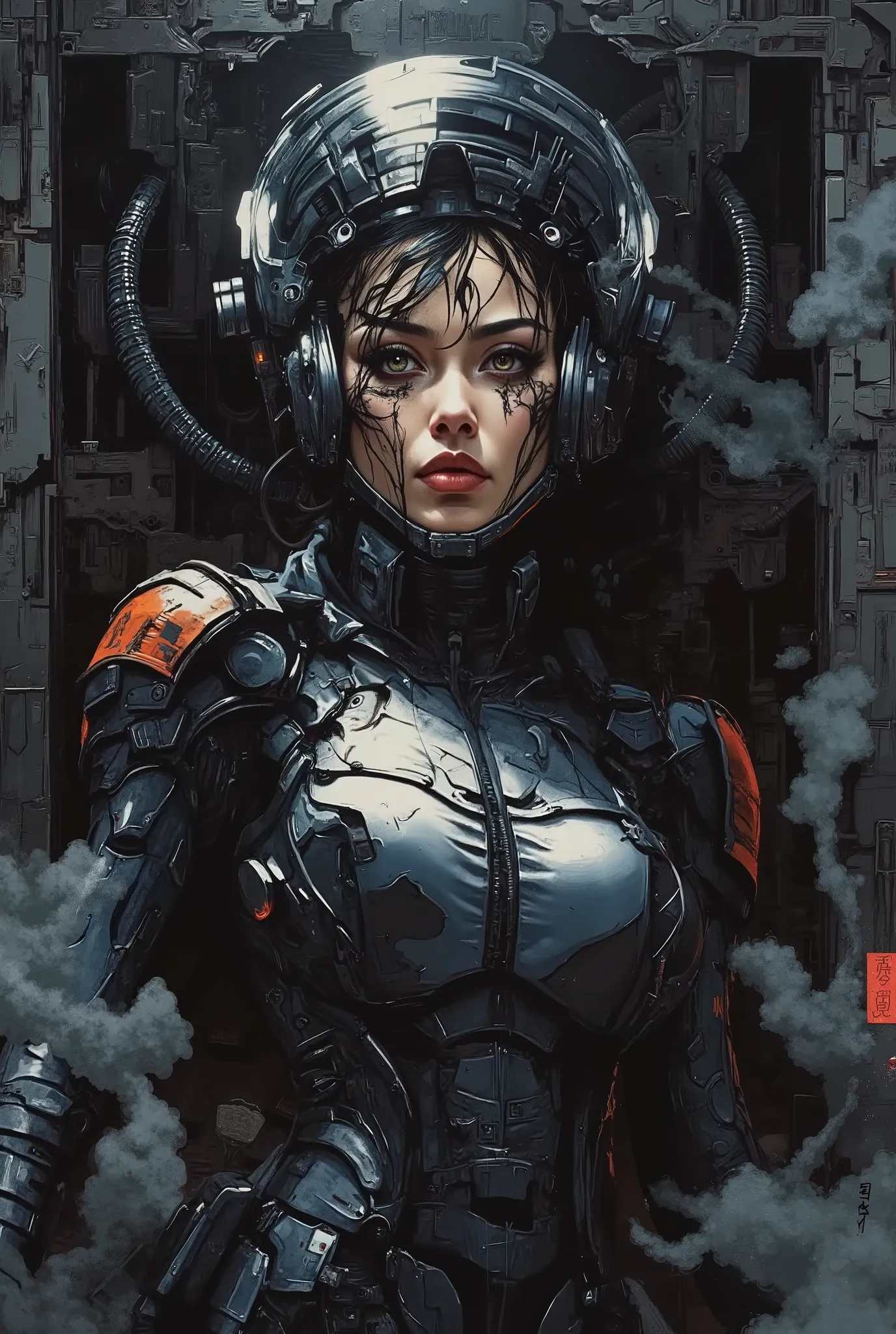 A striking movie-style poster rendered in photorealistic ink art, using chiaroscuro lighting, featuring  a close-up portrait of a breathtaking oriental woman in Earth Defence Force sci-fi armor, with dark eyeshadow and red lips—her face dirtied by smoke an...
