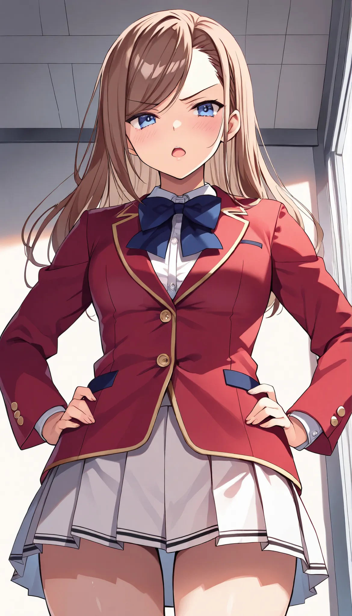masterpiece, best quality, highres, 1girl,solo, matsushita, swept bangs brown hair, white skirt, red blazer(closed blazer, buttoned blazer,two button), blue bowtie, shirt ,thigh, standing, school indoor ,cowboy shot, serious face , blushing ,from below ,ha...