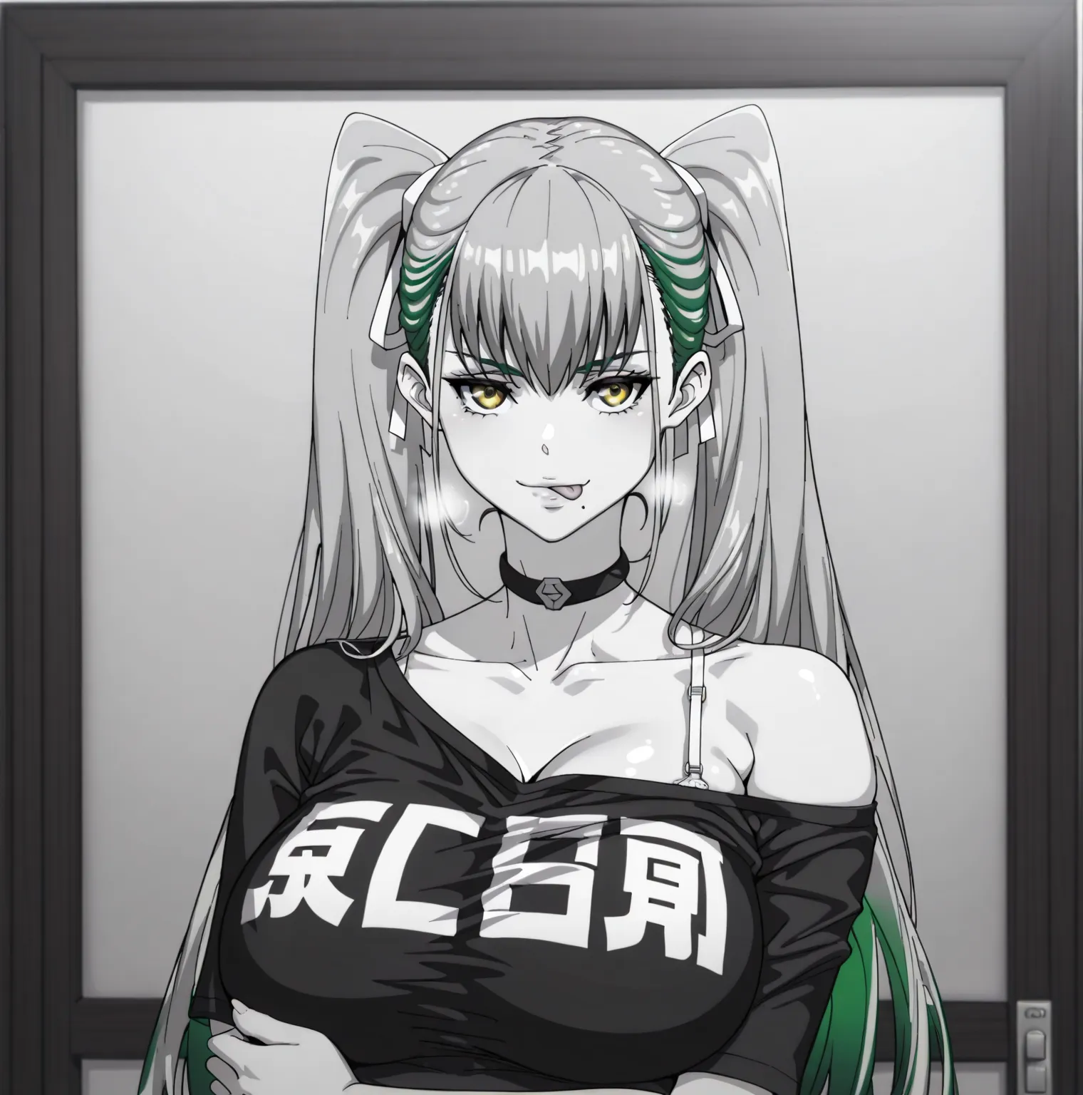 Ggstduel, santanstyle, (zucchini-style:1.2), (ruberule-style:1.4), ((anatomical correct)), (lineart:1.4), ((monochrome, greyscale, manga-style, spot colors)), perfect body, perfect eyes, perfect fingers, gasping, heavy breathing, gasping profusely, ((skind...