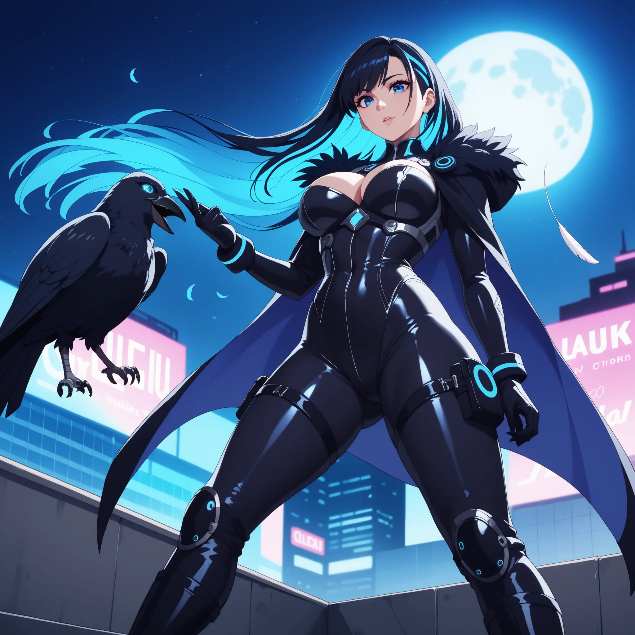 18-year-old crow-themed anime villain with long, flowing black hair with blue highlights, alluring blue eyes, and a curvaceous body with a pronounced bust and cleavage. She wears a tight and sleek black leather bodysuit with feather trim, clawed gloves, bo...