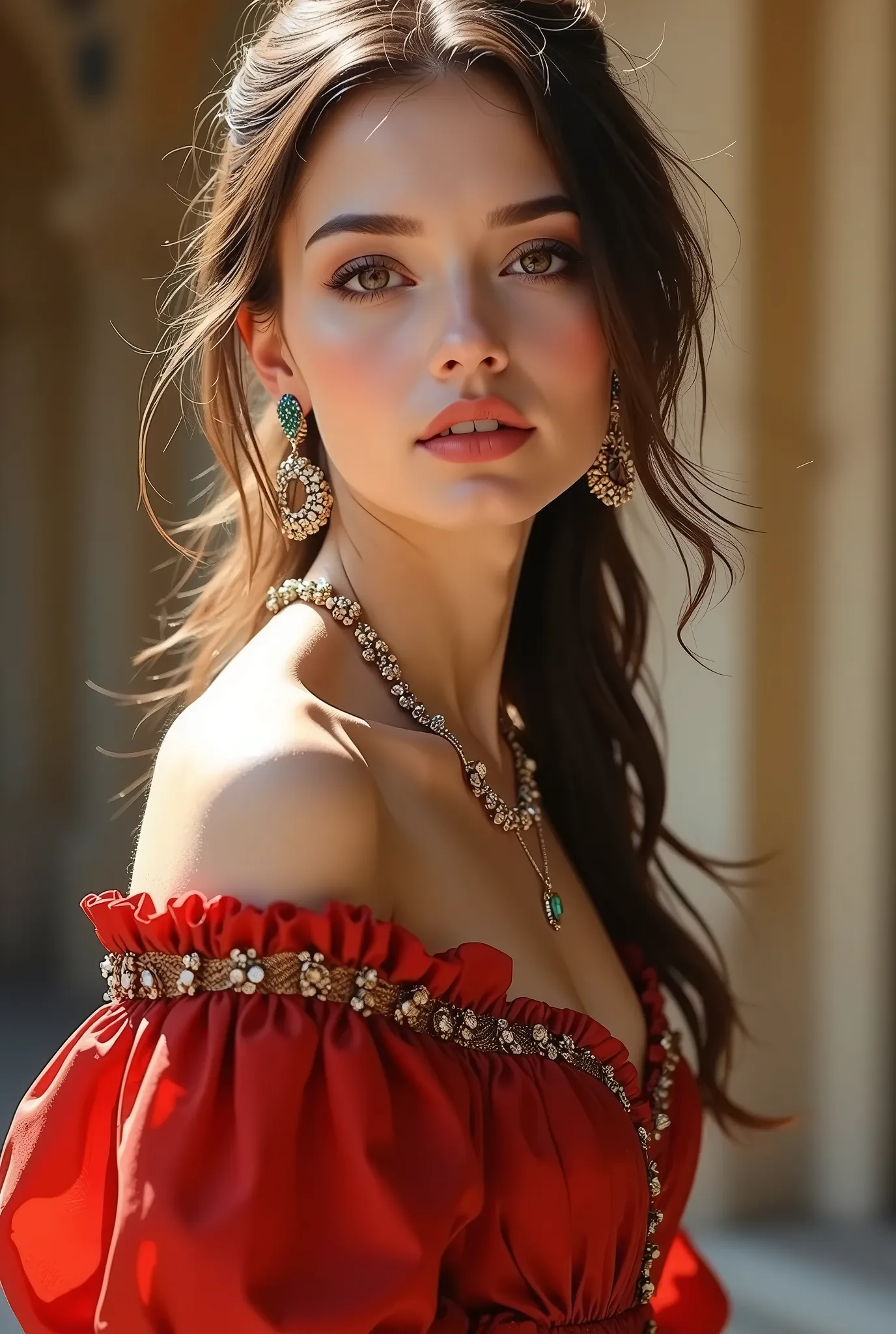 beautiful woman,Pose,Dutch Golden Age costumes,Warm Luster,Graceful Posture,vibrant expression,Delicate skin,Luxurious Jewelry,graceful manners,high quality,4K,high resolution,Realistic,Photographically Faithful,HDR,Studio Light,extreme detail,Professional...