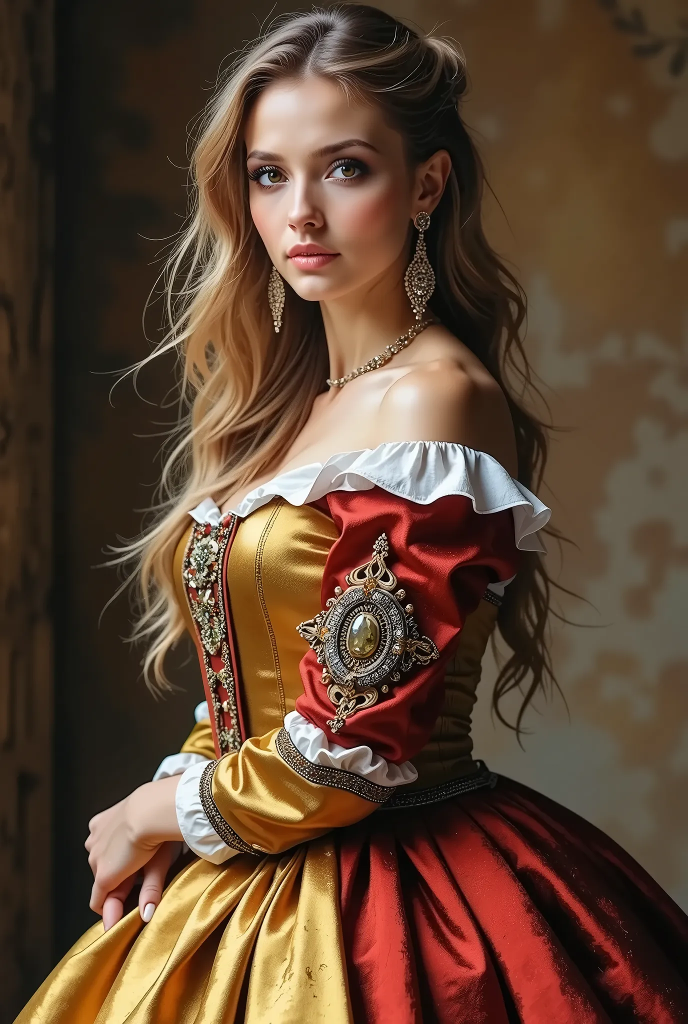 beautiful woman,Pose,Dutch Golden Age costumes,Warm Luster,Graceful Posture,vibrant expression,Delicate skin,Luxurious Jewelry,graceful manners,high quality,4K,high resolution,Realistic,Photographically Faithful,HDR,Studio Light,extreme detail,Professional...
