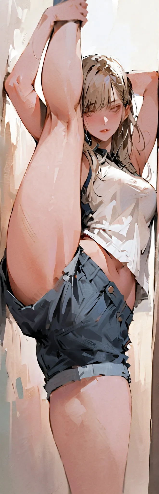 (Masterpiece, best quality while swiping the video:1.2), 1 girl, downstairs,standing_,
long hair, white sleeveless vest,Blue Denim Shorts