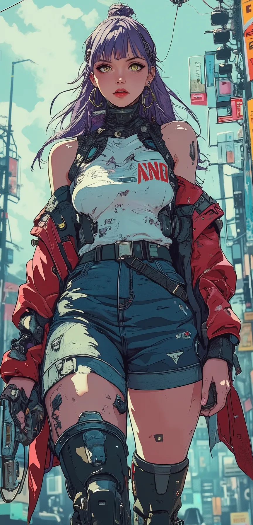 cyberpunk, on the road, out off city, woman, solo, 1 woman, full body, she wear a sleeveless shirt, high rise classic stretch Denim short, black-thigh high, high boots, walking, purple hair, hair tie, long hair, wavy hair, aqua eyes, hoop earrings, makeup,...