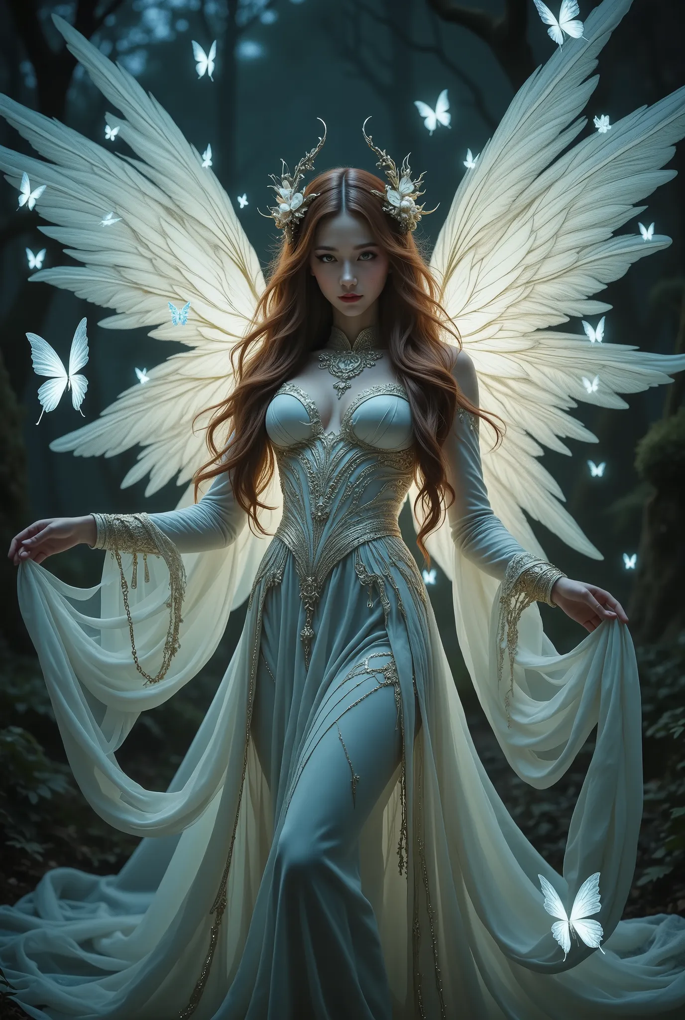 highly detailed angel,  lush gorgeous wings, Butterflies, dressed in an exquisite outfit, erotic pose, expressive face, detailed features,  Mystery scene ,  fantasy background, dark atmosphere, dramatic lighting, dark tones, photorealistic, 4k, detailed st...