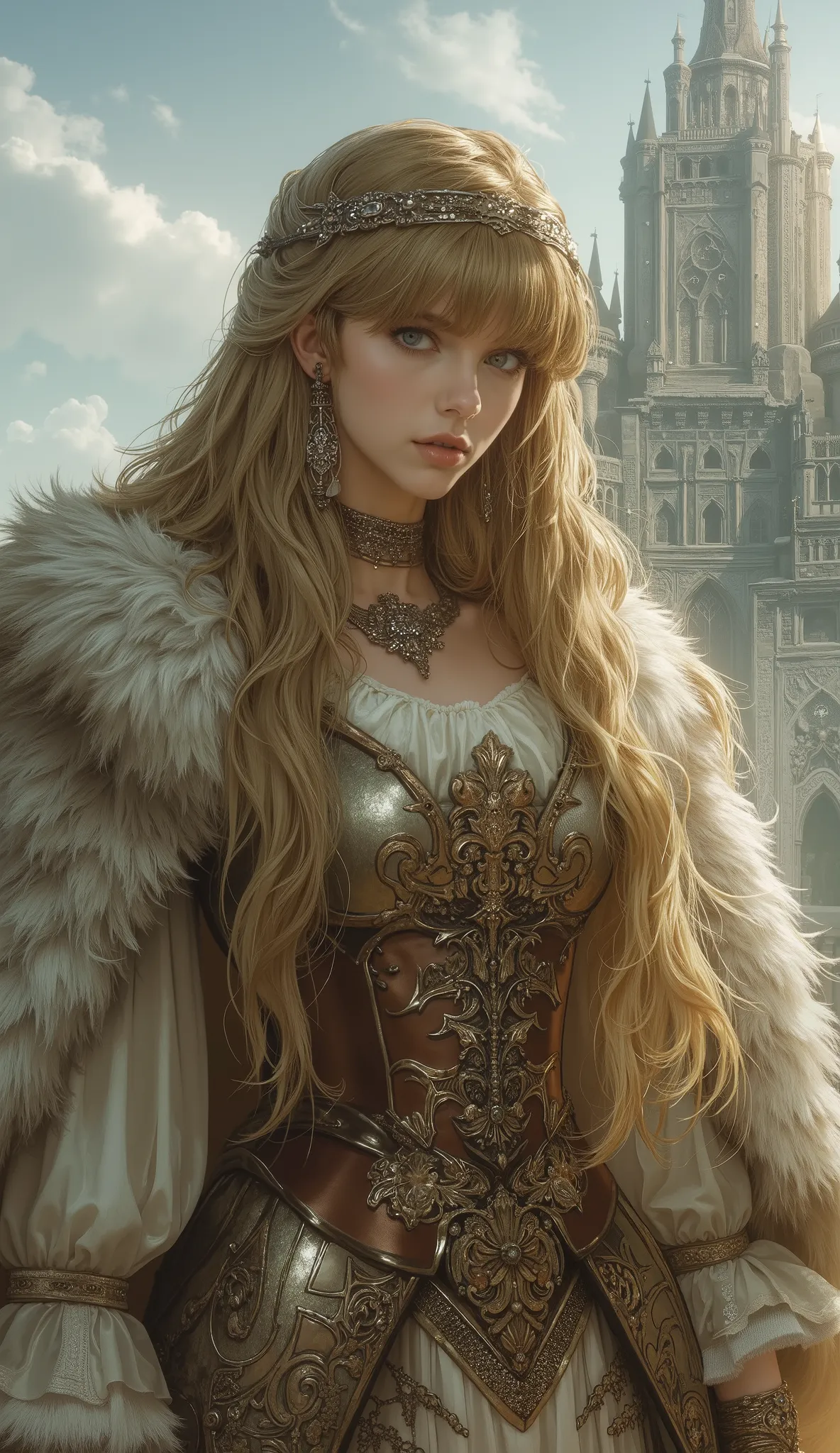 photo still from a 1970s fantasy epic film, a beautiful young Nordic woman as a Slavic princess, (long golden blonde hair with blunt bangs:1.2), (delicate porcelain skin:1.1), innocent yet determined eyes, petite and graceful physique. She wears an (exquis...