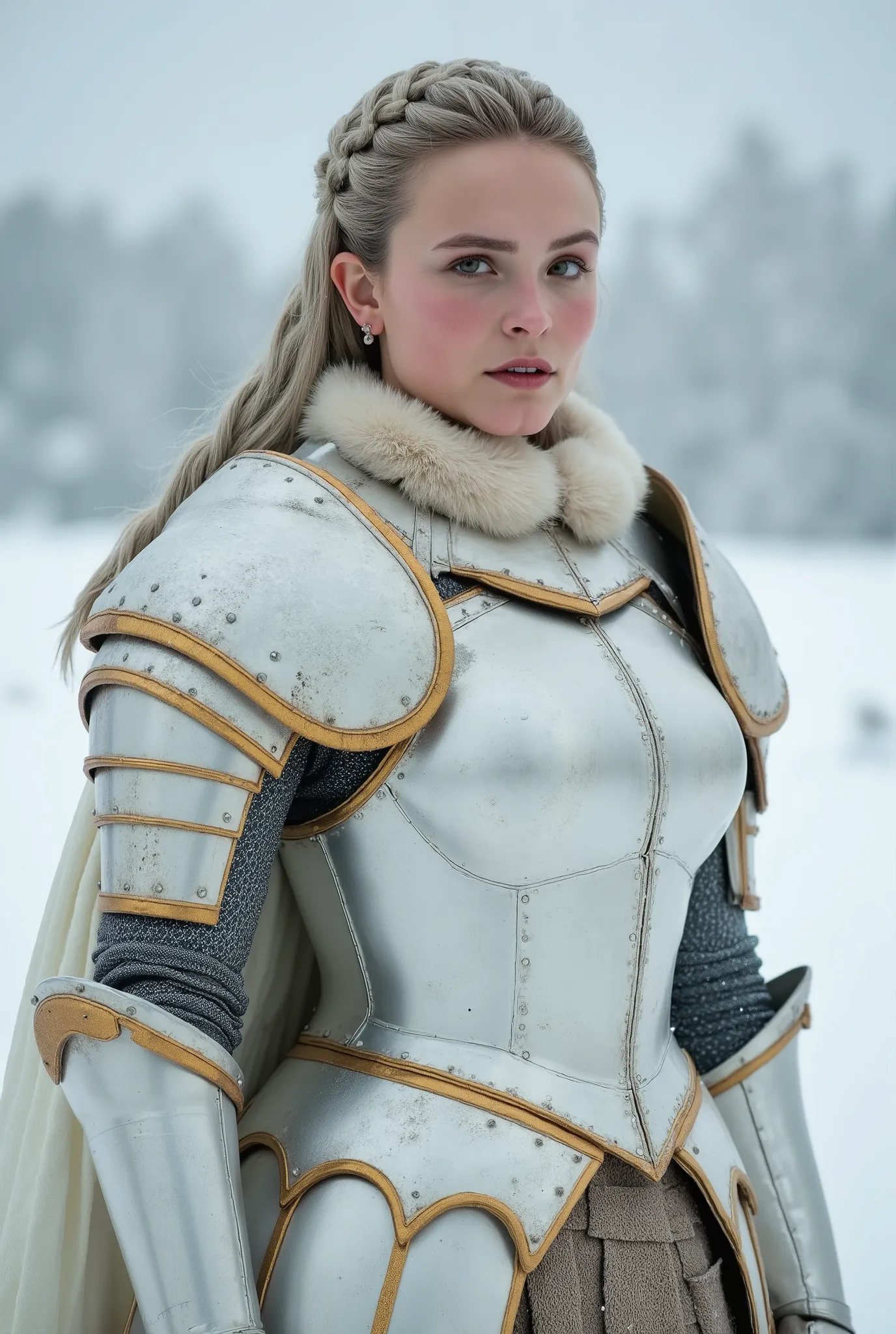 mid-body portrait of a naturally beautiful female knight in white and gold medieval armor, heavy chest plate sculpted over her large bust, soft fur-lined collar, long silver hair braided over shoulder, candid serene expression, snowy background with distan...