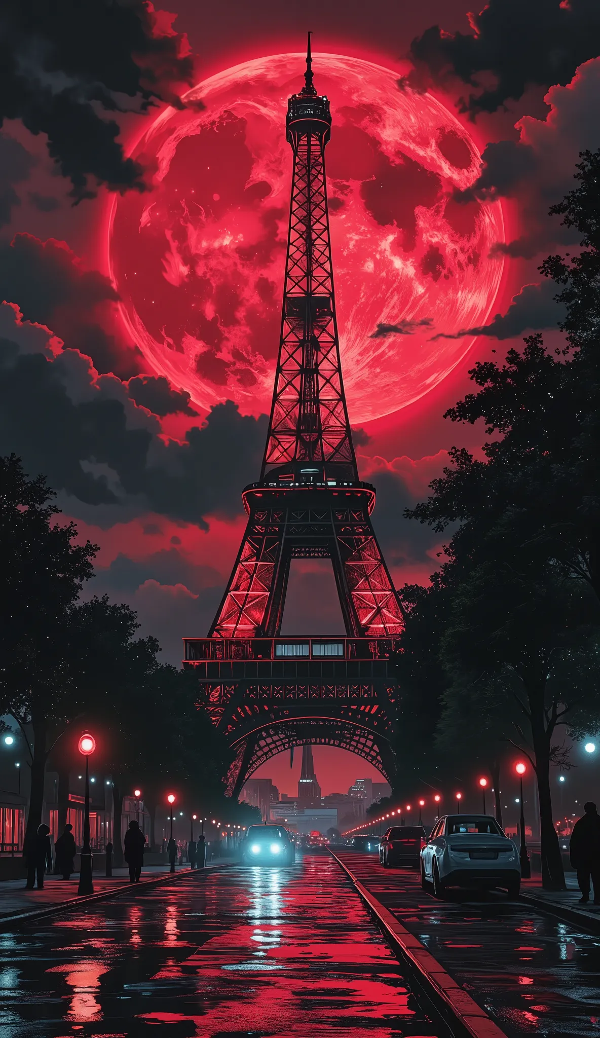 Eiffel Tower at night, drenched in eerie scarlet light under a massive blood-red moon, swirling obsidian storm clouds roiling overhead, tattered French tricolor banners whipping in wind, wet cobblestones and mud reflecting crimson glow, wide-angle low-angl...
