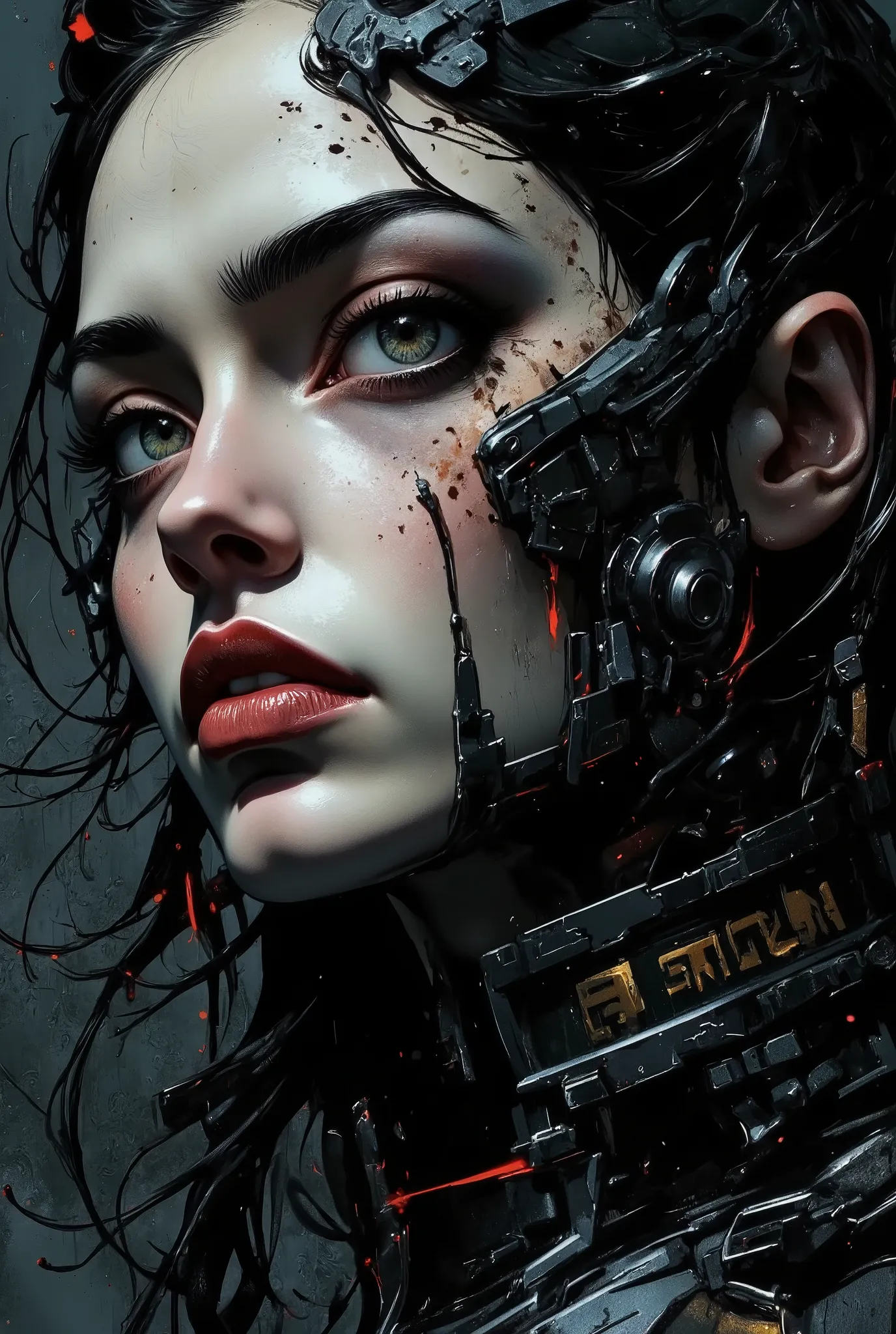 A striking movie-style poster rendered in photorealistic ink art, using chiaroscuro lighting, featuring  a close-up portrait of a breathtaking oriental woman in Earth Defence Force sci-fi armor, with dark eyeshadow and red lips—her face dirtied by smoke an...