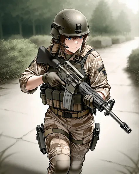 The image depicts a female soldier in military gear aiming a c-m16 rifle in a focused manner. The soldier is wearing a tactical helmet and a desert camouflage uniform, including gloves and a tactical vest holding various equipment and gear. The soldier is ...