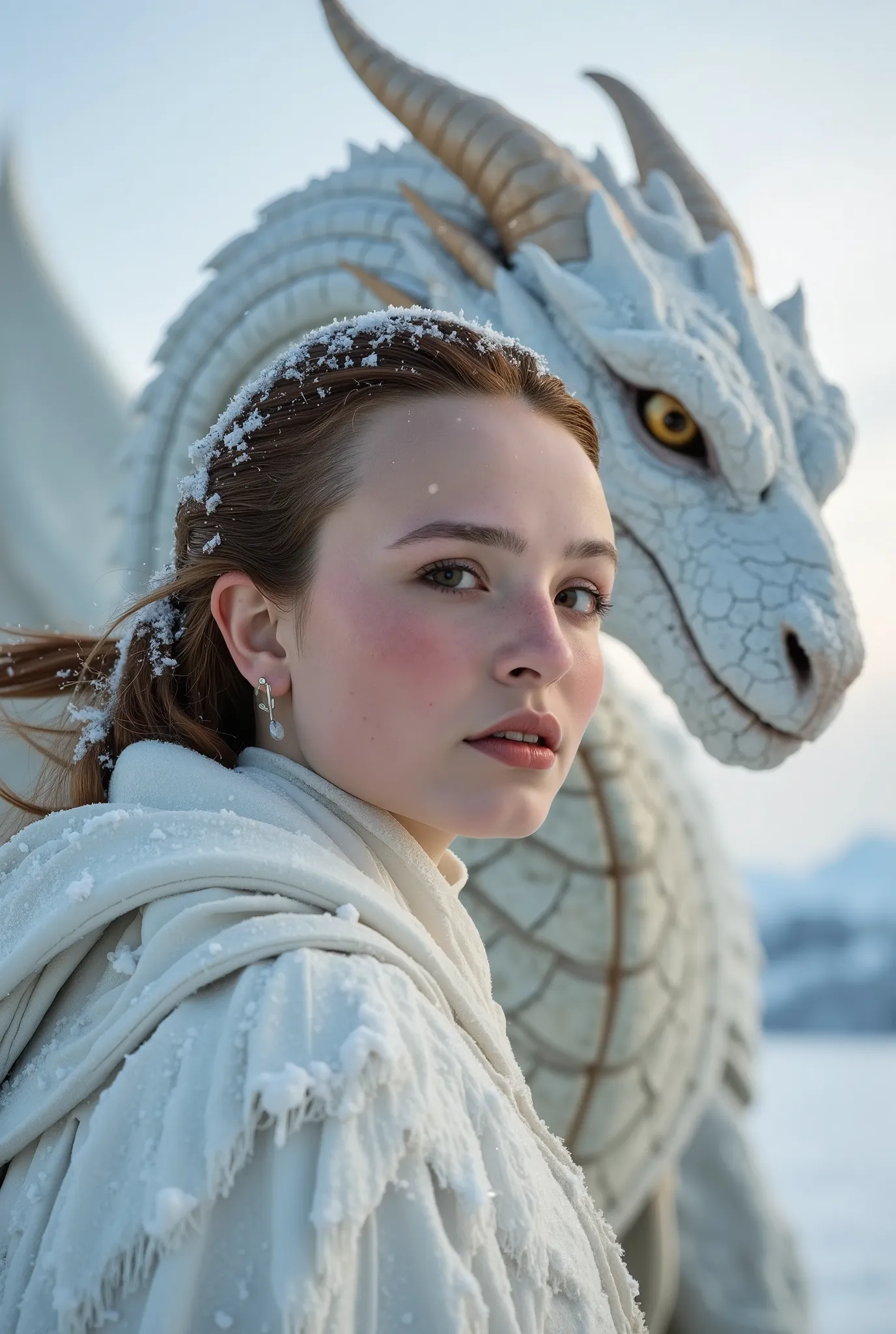 Her eyes, framed by thick lashes and brows shaped by the wind, gleam with calm determination, and her slightly parted lips shimmer with a hint of moisture from the cold air. Fine snow particles swirl around her, sparkling in the warm backlight like tiny st...