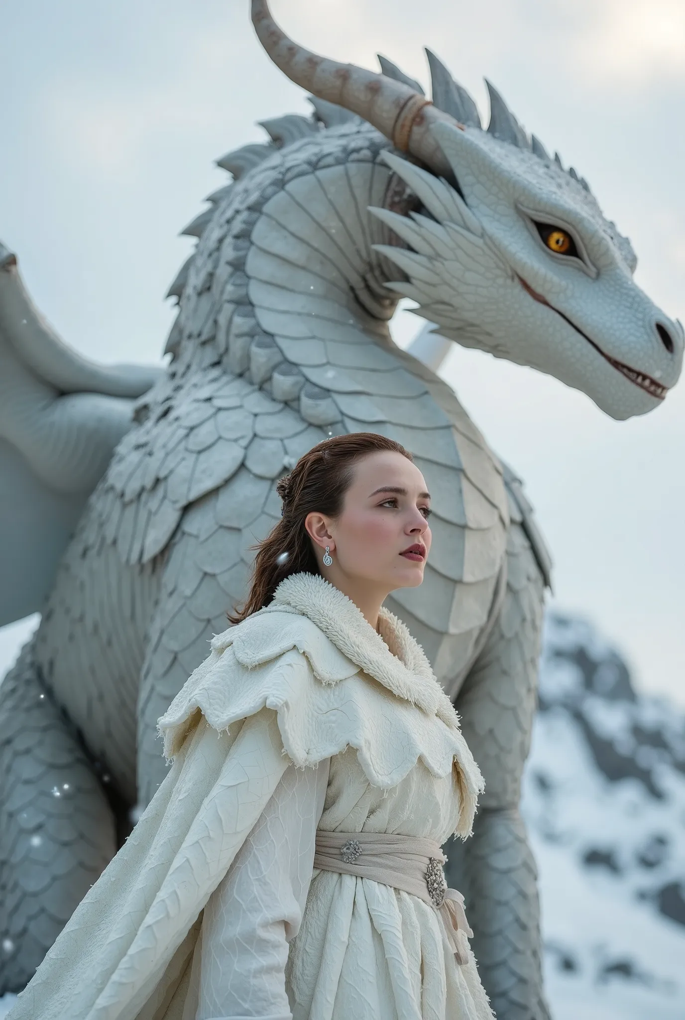 Her eyes, framed by thick lashes and brows shaped by the wind, gleam with calm determination, and her slightly parted lips shimmer with a hint of moisture from the cold air. Fine snow particles swirl around her, sparkling in the warm backlight like tiny st...