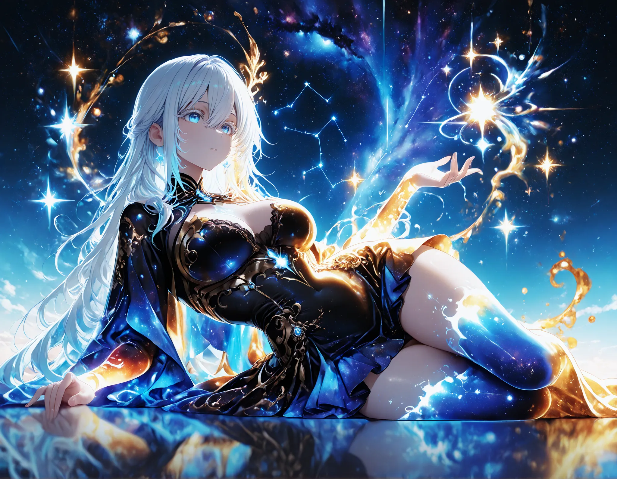 1girl, blue eyes, white eyelashes, white hair, long hair, hair between eyes, large breasts, curvy, beautiful, sexy, cool, 


character focus, depth of field, glowing particles, glowing, reflection, gold theme, ,,Colorful Light, Very Shiny, Very Luminous, V...