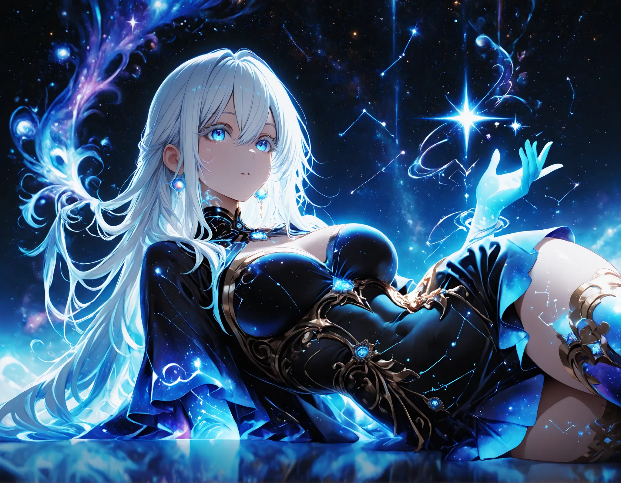 1girl, blue eyes, white eyelashes, white hair, long hair, hair between eyes, large breasts, curvy, beautiful, sexy, cool, 


character focus, depth of field, glowing particles, glowing, reflection, gold theme, ,,Colorful Light, Very Shiny, Very Luminous, V...