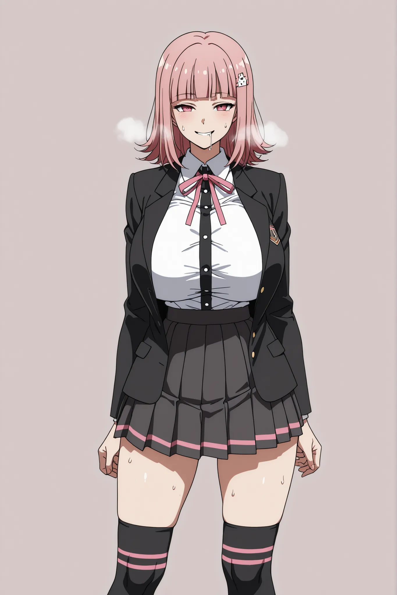 (score_9, score_8_up, score_7_up, source_anime), solo, straight on, simple background, looking at viewer, gigantic breasts, sweat,  seductive smile, come hither, naughty face,, drooling, heavy breathing, (1girl:1.3), (clothed female:1.3), slim, small waist...