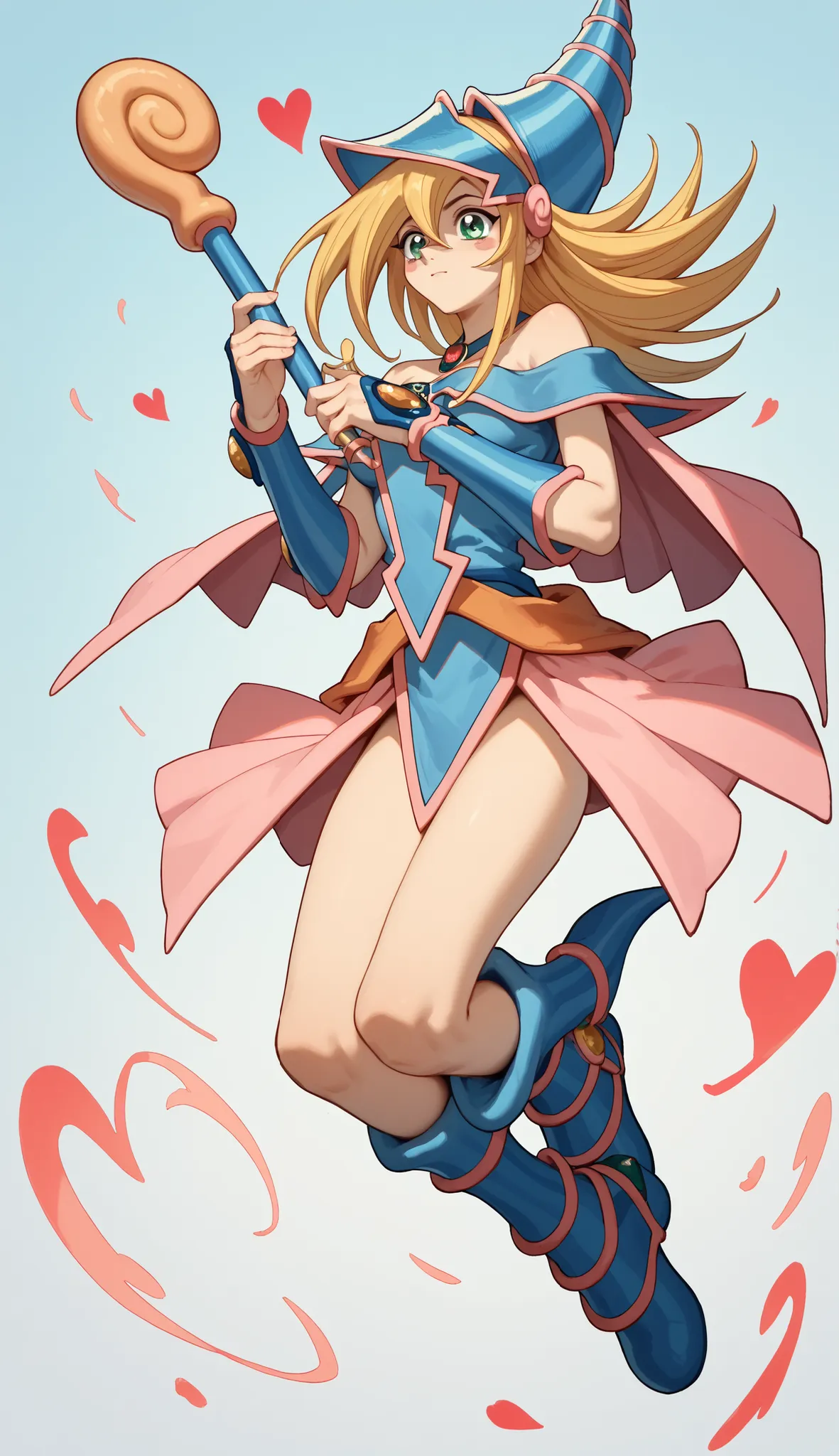 darck magician gils. A in red tanga climbed on his leg . levitating in the air. Use a magic staff. Light heart background 