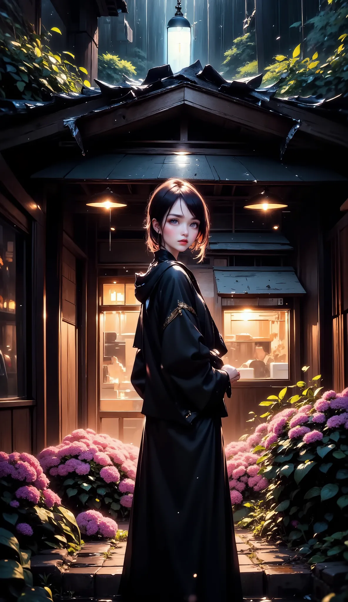 (Solo, beautiful girl), A modest woman is taking shelter from the rain at a bus stop in the countryside, Beautiful hydrangeas are visible, Hydrangeas wet with rain, A Japanese countryside scene, Beautiful hydrangeas, (highest quality, masterpiece, Realisti...