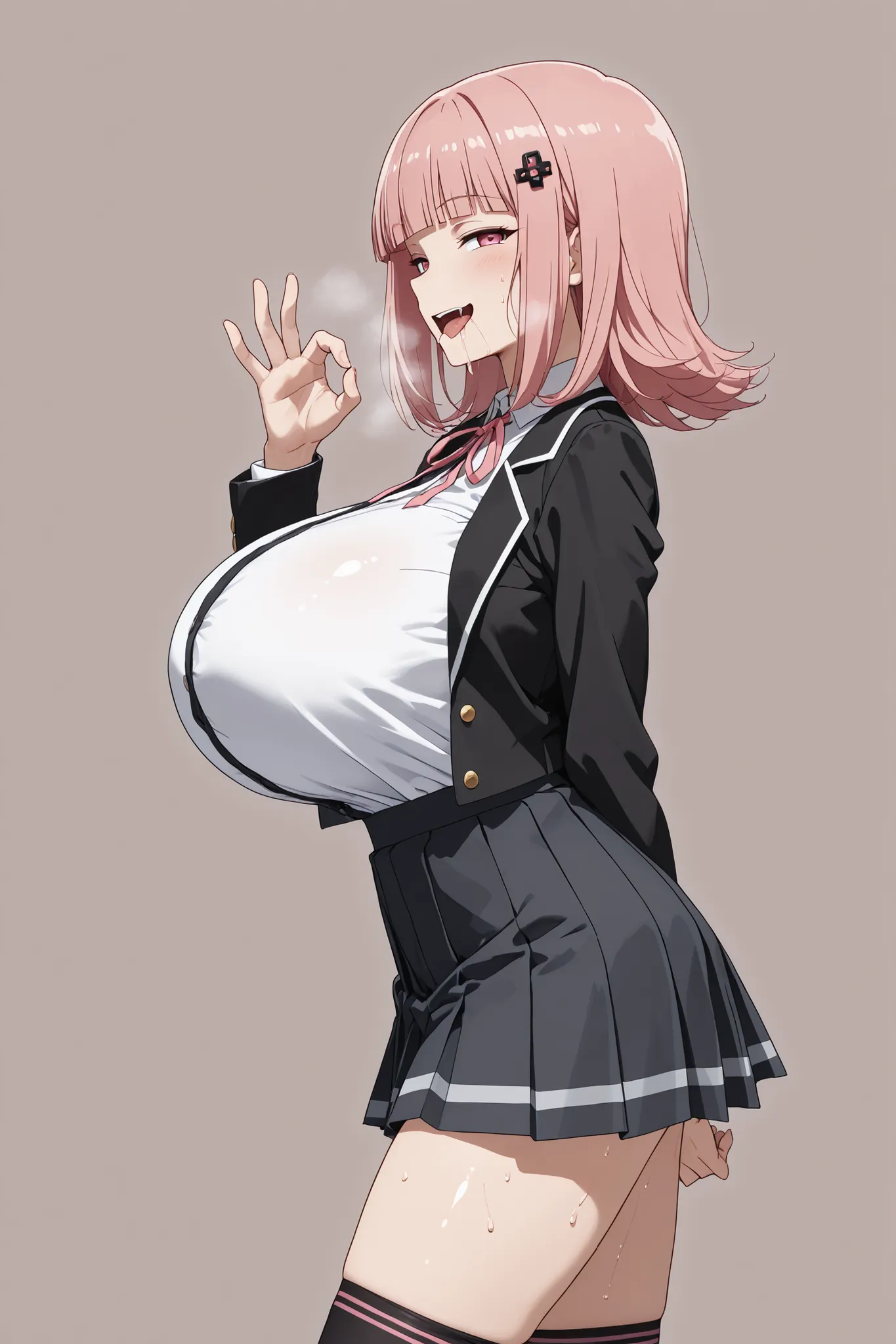 (score_9, score_8_up, score_7_up, source_anime), solo, from side, simple background, looking at viewer, gigantic breasts, fellatio gesture, sweat,  seductive smile, come hither, naughty face,, drooling, heavy breathing, (1girl:1.3), (clothed female:1.3), s...