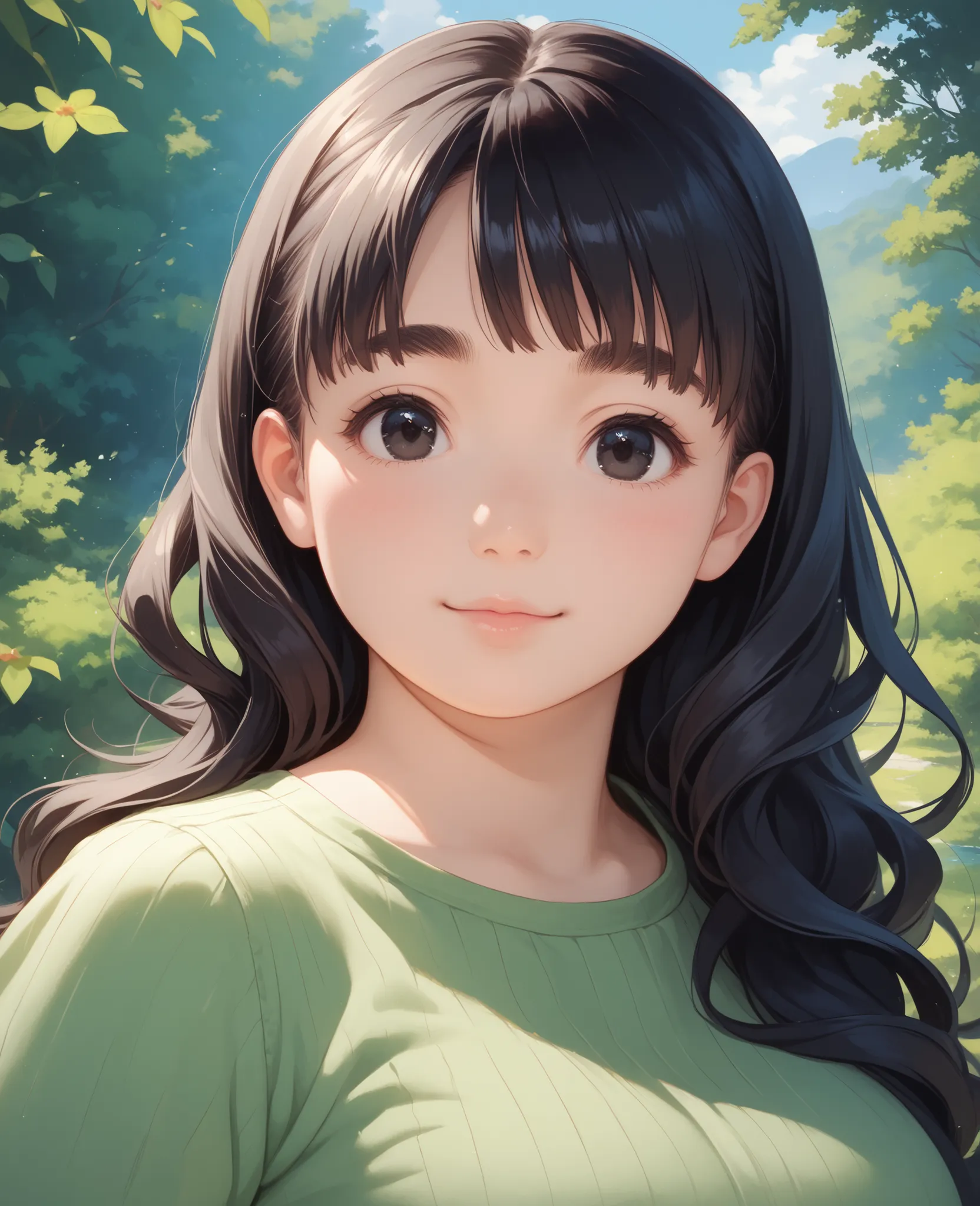 a close up of a beautiful girl with long wavy black hair and a green shirt, anime portrait, a little thick eyebrows, cute face , black cute eyes, anime style portrait, in an anime style, marin kitagawa fanart, anime character portrait, detailed color portr...