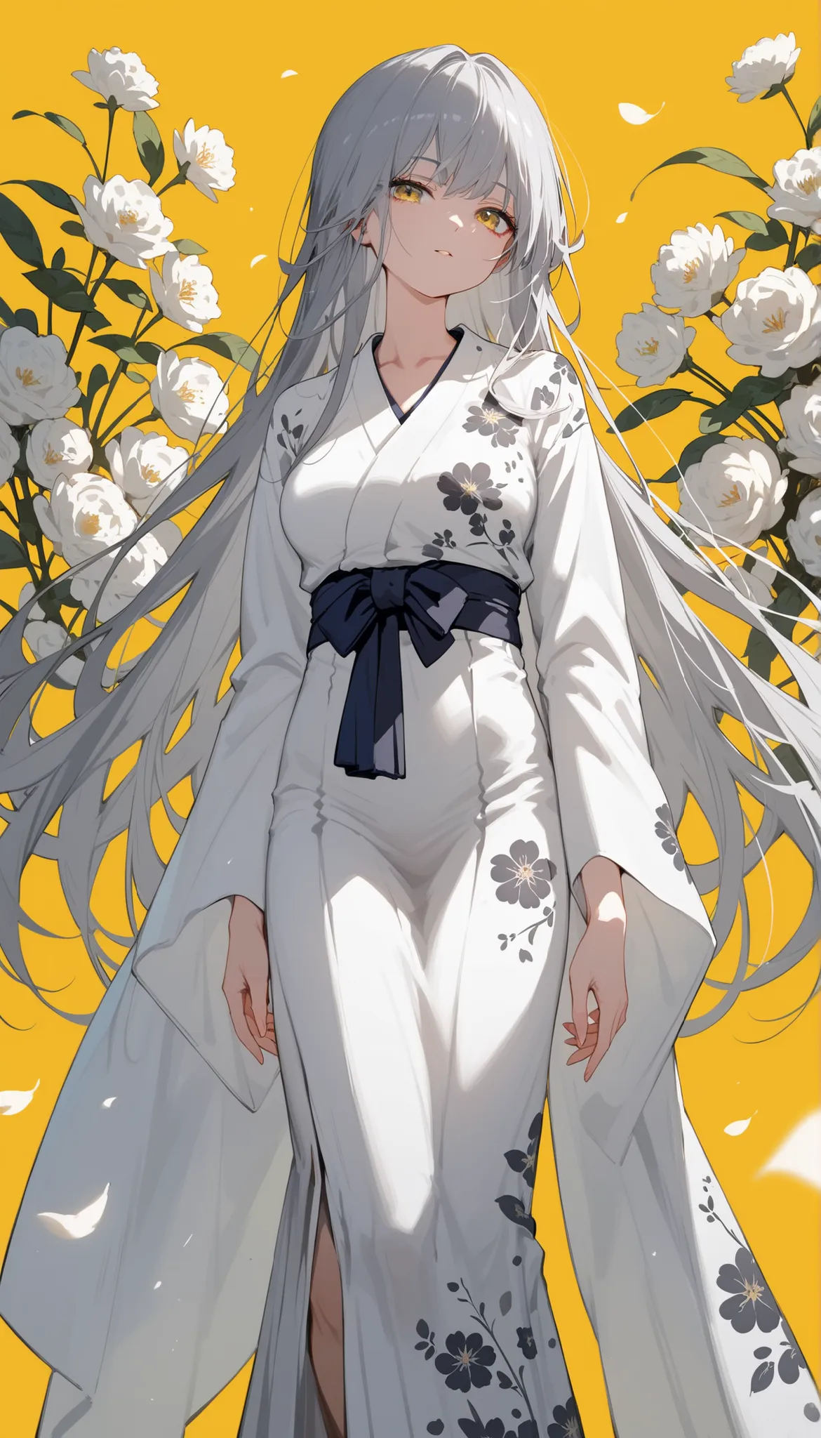 girl,white hair,, gray hair,slim,white,in yellow eyes,Long White Kimono , hakama ,long hair, busy , Milf, Tomboy,eyelash,yellow background, dark edges,Slim,long hair,Floral Print Shirt,เส้นlong hair,Long dress ,standing