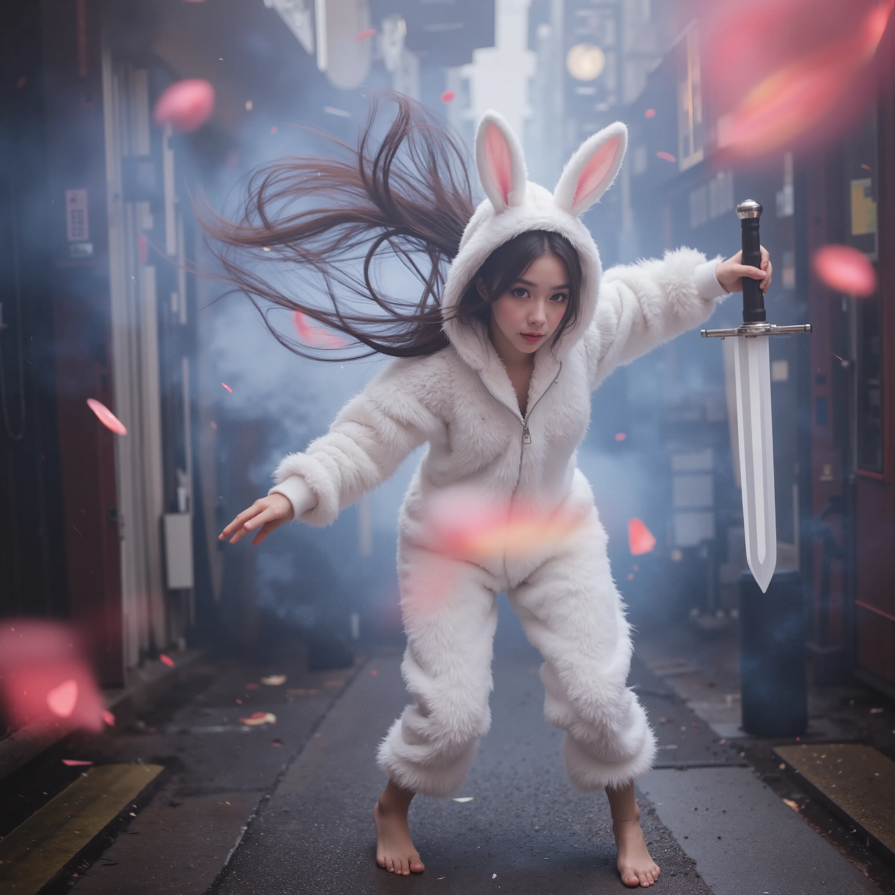 ExtremelyDetailed Sexy Vorpal Bunny Girls in Live-Action, The white Vorpal Bunny turned into a Kawaii Bishoujo, 変化之術, Smoky witchcraft, smoking hot, Stuffed Bunny Hooded fluffy Onesie with open zipper, inspired by "Through the Looking-Glass, and What Alice...