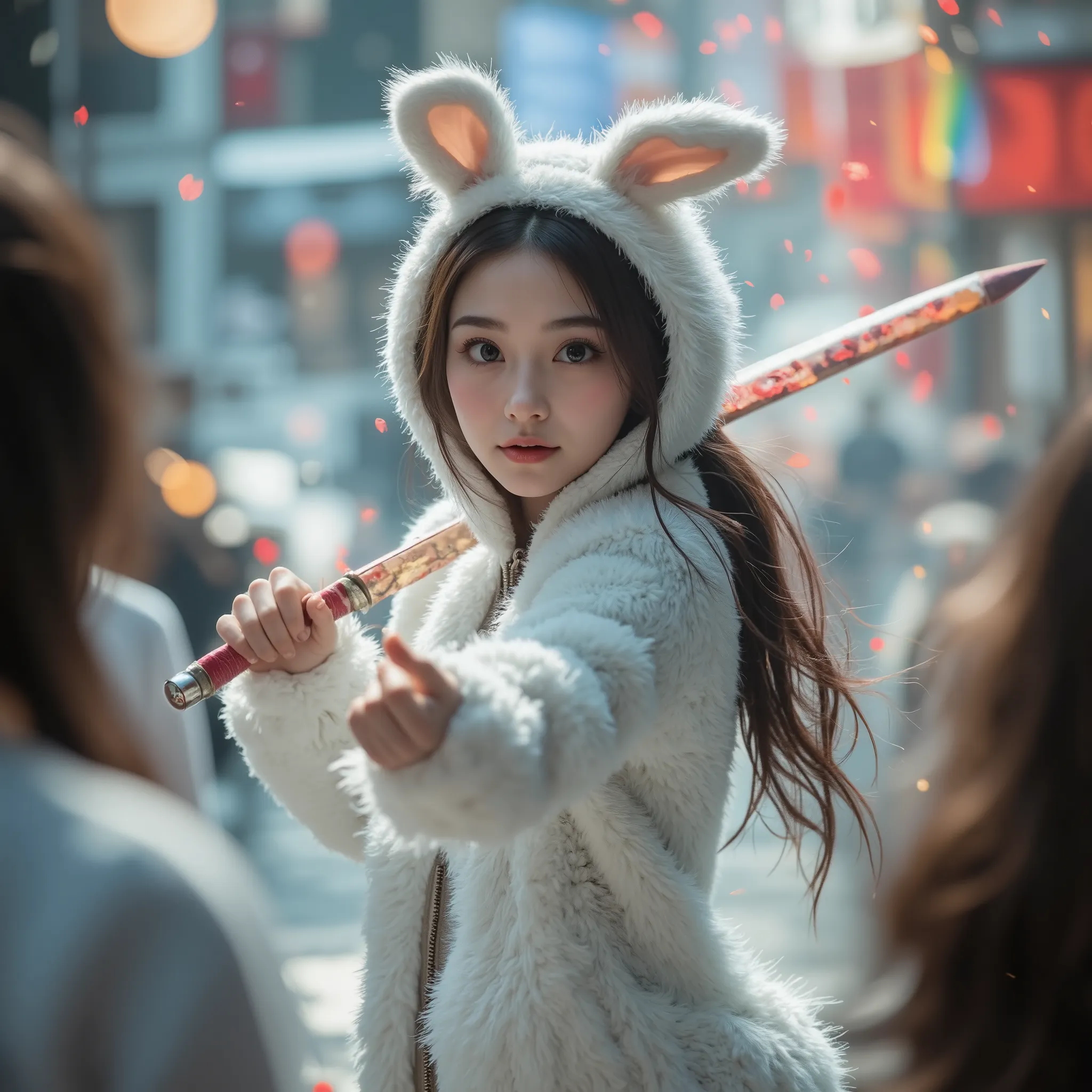 ExtremelyDetailed Sexy Vorpal Bunny Girls in Live-Action, The white Vorpal Bunny turned into a Kawaii Bishoujo, 変化之術, Smoky witchcraft, smoking hot, Stuffed Bunny Hooded fluffy Onesie with open zipper, inspired by "Through the Looking-Glass, and What Alice...