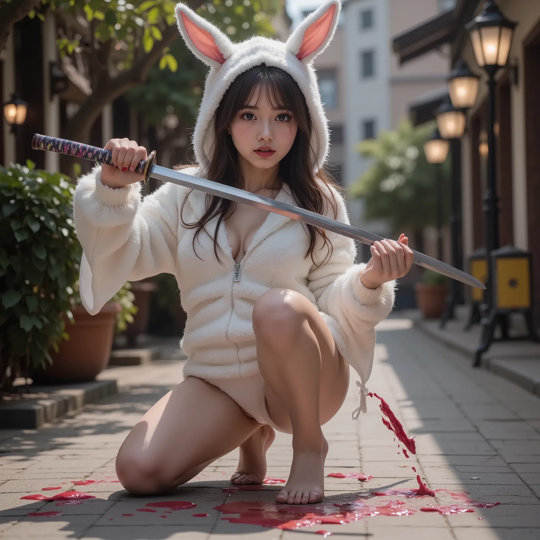 ExtremelyDetailed Sexy Vorpal Bunny Girls in Live-Action, The white Vorpal Bunny turned into a Kawaii Bishoujo, 変化之術, Smoky witchcraft, smoking hot, Stuffed Bunny Hooded fluffy Onesie with open zipper, inspired by "Through the Looking-Glass, and What Alice...