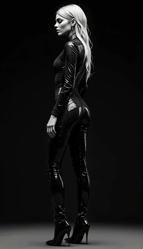 Realistic (photorealistic Realism), (high resolution), ((intricately detailed digital art)), professional low coloured and contrast photography a striking black and white fashion portrait featuring a slender model in a form-fitting bodysuit covered in text...