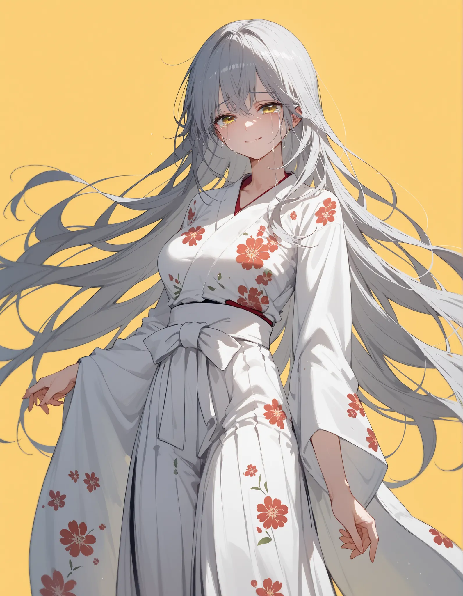 girl,white hair,, gray hair,slim,white,in yellow eyes,Long White Kimono , hakama ,long hair, busy , Milf, Tomboy,eyelash,yellow background, dark edges,Slim,long hair,Floral Print Shirt,เส้นlong hair,Long dress ,standing,smile,Body Shapes,tear,sad,