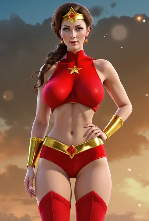 (Best Quality,4k,8k,comic style,,superhero,sexy ,( beautiful female superheroine ,brown hair, green eyes, braided ponytail , red sleeveless cropped shirt, with a gold star, the abdomen uses (a golden tiara with a red gem on her forehead) , Gold bracelets, ...