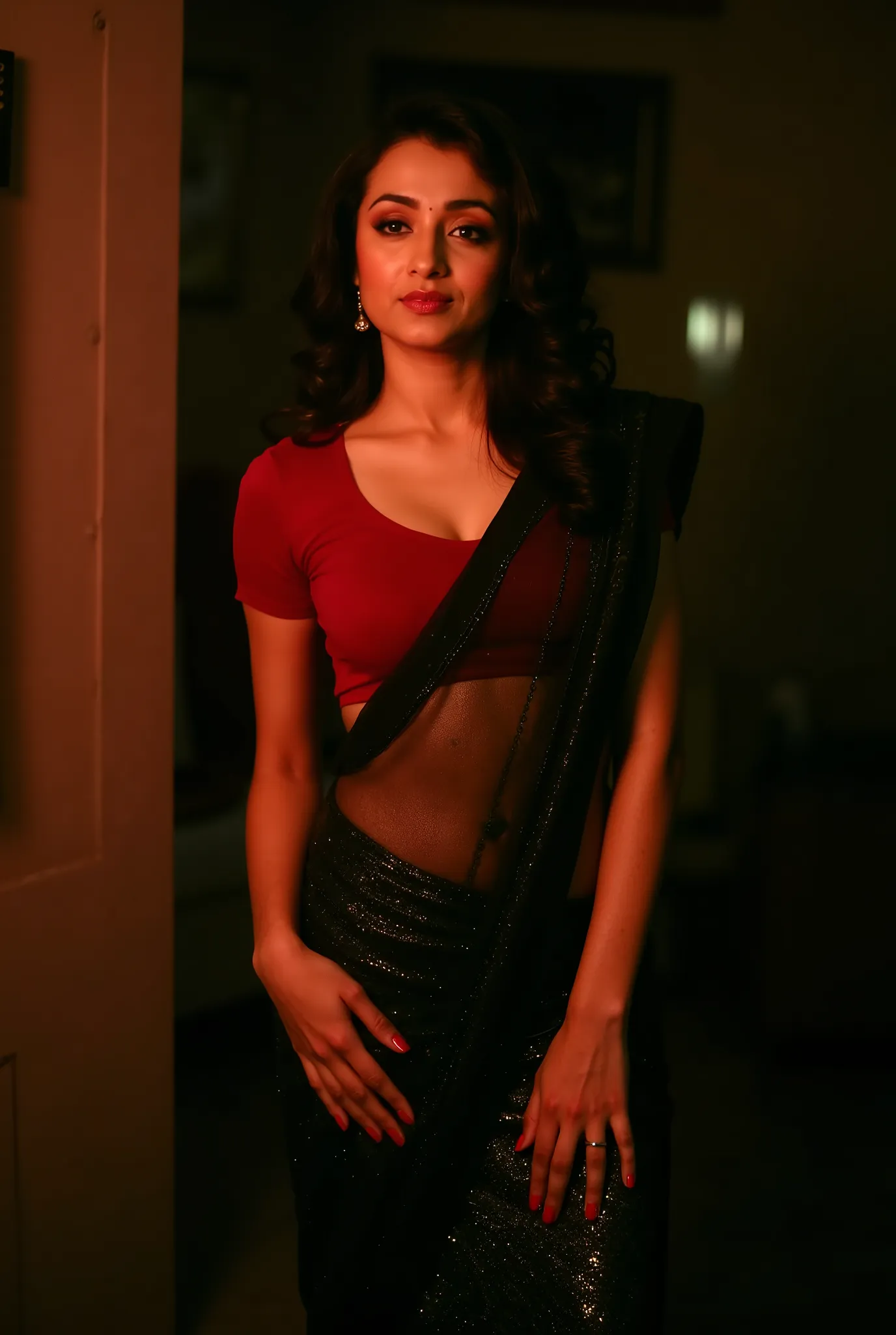 Indian lady, black saree with no pallu, shining red blouse, deep cleavage, open waist, red nails