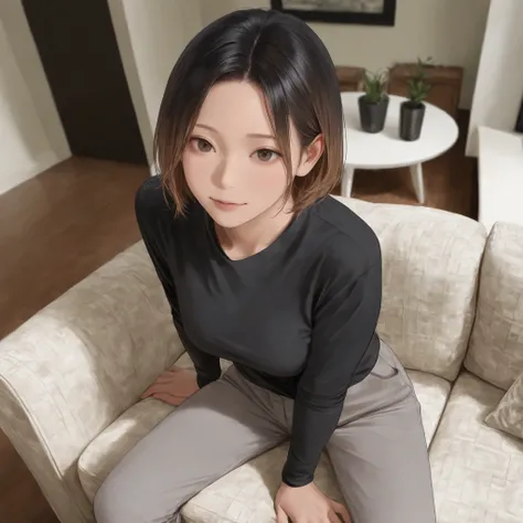 masterpieces, best quality, soft detail, Ultra high definition, semi-realistic, realistic eyes, Realistic Hair, gray pants, living room