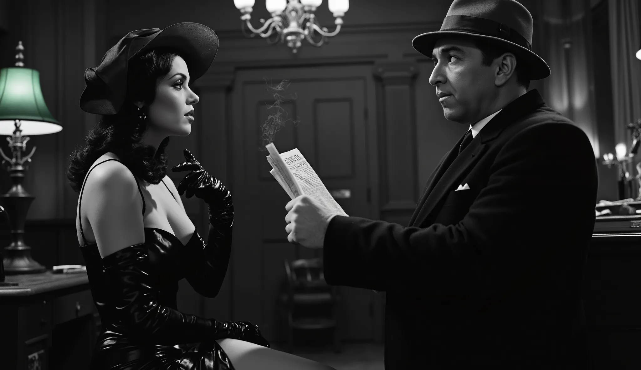 "An ultra-realistic scene IN BLACK AND WHITE a detective office, anos 40, estilo noir. A stunning and mysterious woman, entra pela porta. She wears a tight black satin dress, long gloves and a veiled hat, exuding fatal glamor. The light of the green lamp h...