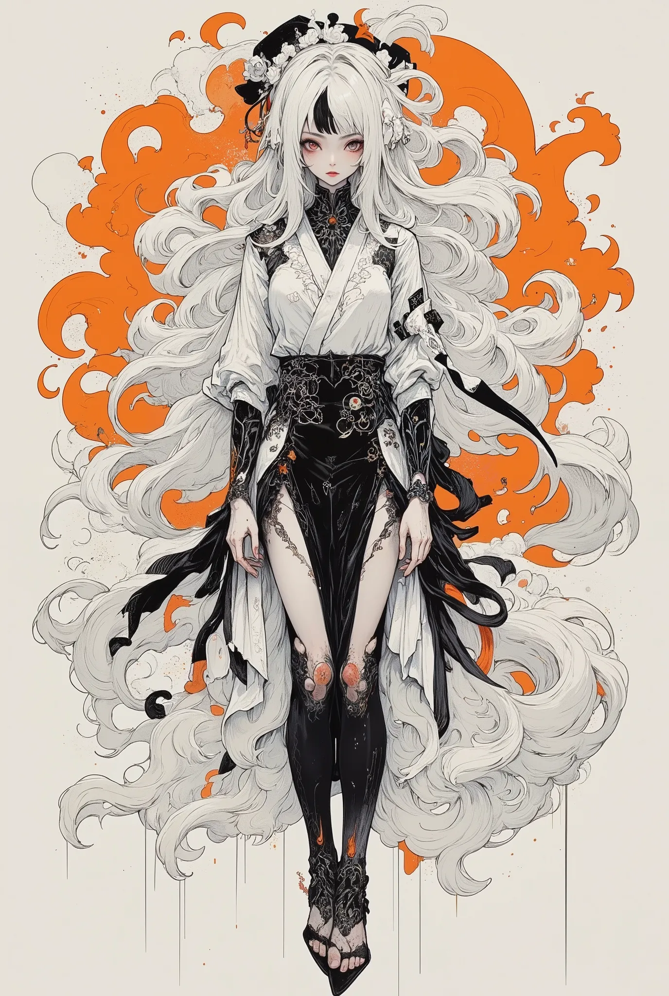 masterpiece、high quality art、abstract、impressionism、picture、attack you、silhouette of a female monster、Oriental White Demon、ghost, covering the whole face、long hair combined with smoke and flame、Black White Plus Orange、vitality、wet picture、symmetry、Intricat...