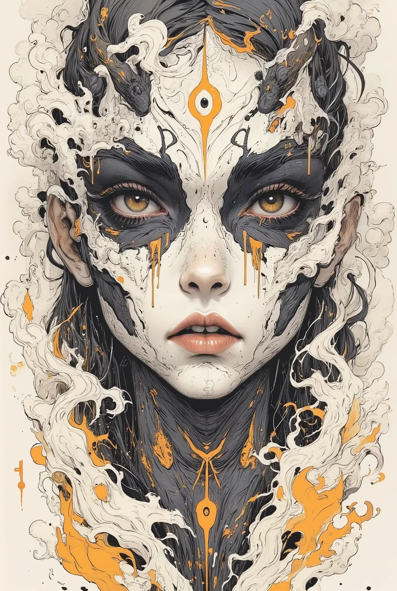 masterpiece、high quality art、abstract、impressionism、picture、attack you、silhouette of a female monster、Oriental White Demon、ghost, covering the whole face、long hair combined with smoke and flame、Black White Plus Orange、vitality、wet picture、symmetry、Intricat...