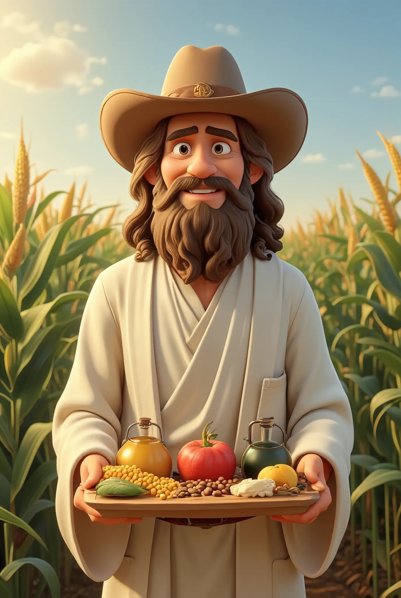 A detailed 3D rendered scene set in a corn field during the day. being Jesus wearing a cowboy hat and a white robe his long beard ,in your hand a tray with coffee beans, oil, corn, wheat flour and fruit pulp ,looking at the front camera with a smile ,behin...
