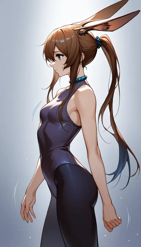 sfw, cool beauty, solo li girl, figure_skating, slender, small breast, serious, sad, motion lines, from side,amiya_arknights,amiya_\(arknights\), rabbits ears,brown hair,blue eyes,ponytail,