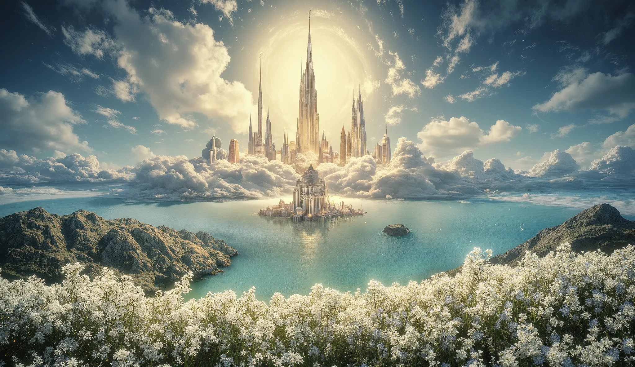 There is an image of a beautiful landscape with a giant moon, impressive fantasy 3D rendering, a heavenly city in the heavens, a large ocean, a large forest of white flowers, a large number of clouds everywhere, a planet in the sky and stars, a very detail...