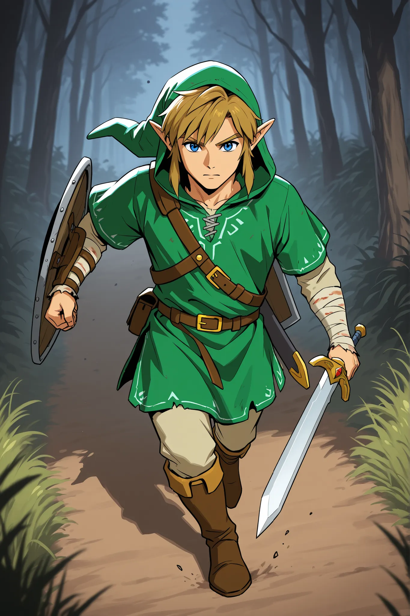 Anime, Link in his early thirties, zombie costume, runs along a dirt path, sword and shield in each hand, green tunic, full body