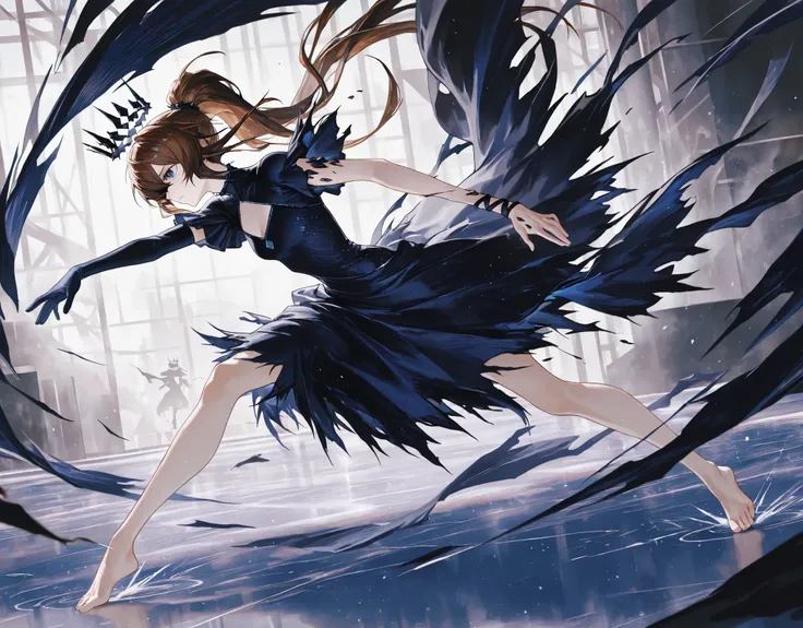 figure_skating, spinning, sfw, cool beauty, solo li girl, figure_skating, slender, small breast, serious, sad, aamiya_\(demon_king\)_\(arknights\), without veil, one eye covered, barefoot, ponytail, brown hair, hair_over_one_eye, single elbow glove, dress,...