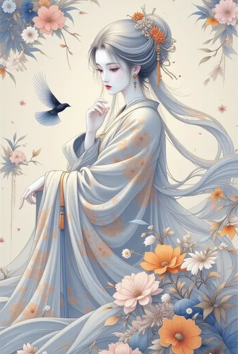 a serene and ethereal scene featuring a woman dressed in a traditional, flowing kimono adorned with delicate floral patterns in soft pastel colors. The kimono is predominantly white with accents of blue, orange, and pink flowers. The woman's hair is styled elegantly, adorned with a floral headpiece that complements the kimono's design.

Surrounding the woman are various elements that enhance the tranquil atmosphere:
- Birds: Two birds, one with blue feathers and the other with a more muted tone, are flying gracefully around her.
- Leaves: The background is filled with leaves in various shades of green, orange, and brown, suggesting a natural, autumnal setting.
- Flowers: Delicate flowers and leaves are scattered throughout the scene, adding to the overall sense of harmony and beauty.

The overall composition is soft and dreamy, with a focus on natural beauty and traditional elegance. The image is likely intended to evoke a sense of peace and timelessness, capturing the essence of a serene moment in nature.