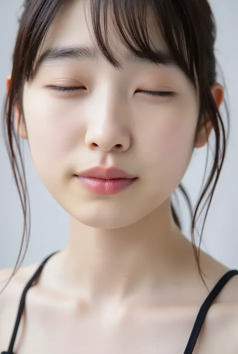 ultra-detailed close-up of a beautiful girl, collarbone-up composition, white studio background, soft natural lighting, slightly elevated camera angle (around 35 degrees), full face and head visible in frame, chin slightly raised, eyes gently closed, deepl...