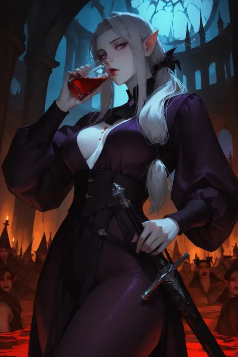solo, female, loose long hair, straight hair, deep purple eyes, pale skin, dhampir, half-vampire, fantasy, night, bloodthirsty, elegant but practical clothes, tight clothes, dual blades, sheath, broad shoulders, fit, elegant, ancient palace, iron fire pit,...