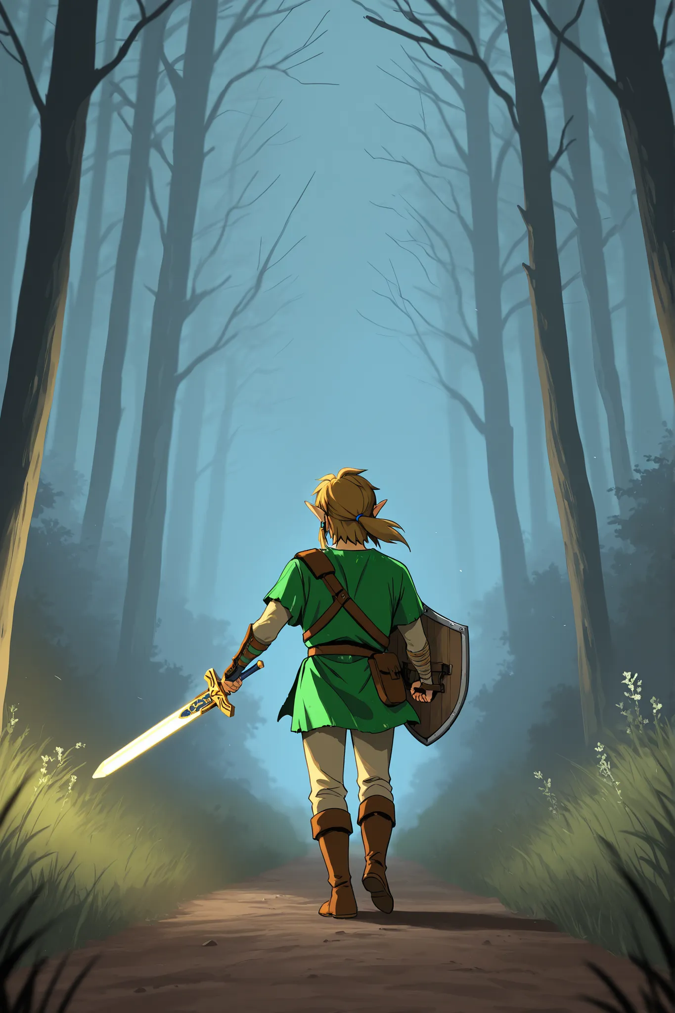 Anime, Link in his early thirties, in a zombie costume, runs along a dirt path, Excalibur and shield in each hand, green tunic, full body