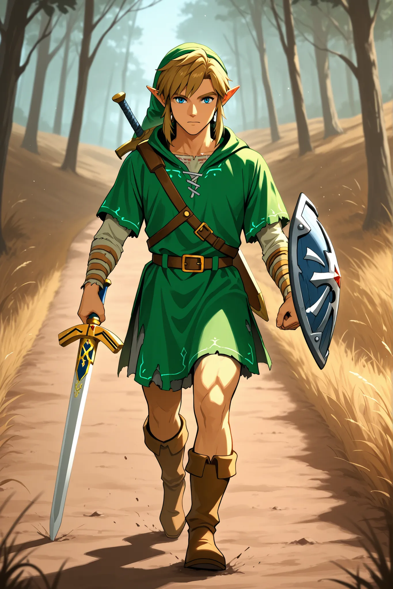 Anime, Link in his early thirties, in a zombie costume, runs along a dirt path, Excalibur and shield in each hand, green tunic, full body