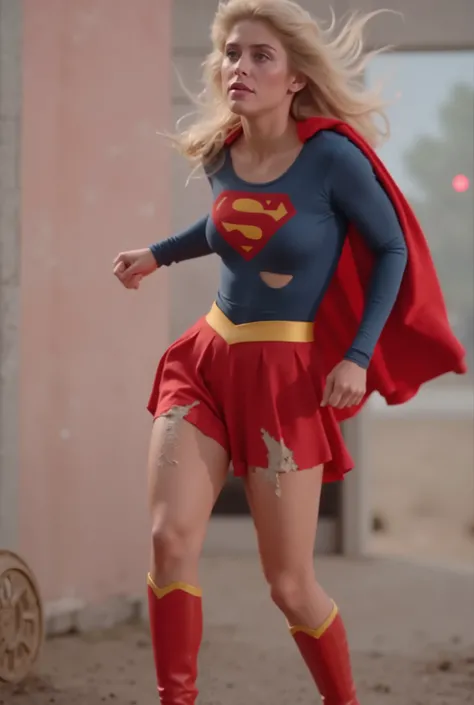 (sexy and adorable beauty with long blond hair with blue eyes Helen Slater, she is wearing a long-sleeved blue crop top, In the chest "S" emblem、Gold trim on sleeves, short pleated red skirt and gold supergirl belt, tall red boots with gold trim , and a lo...