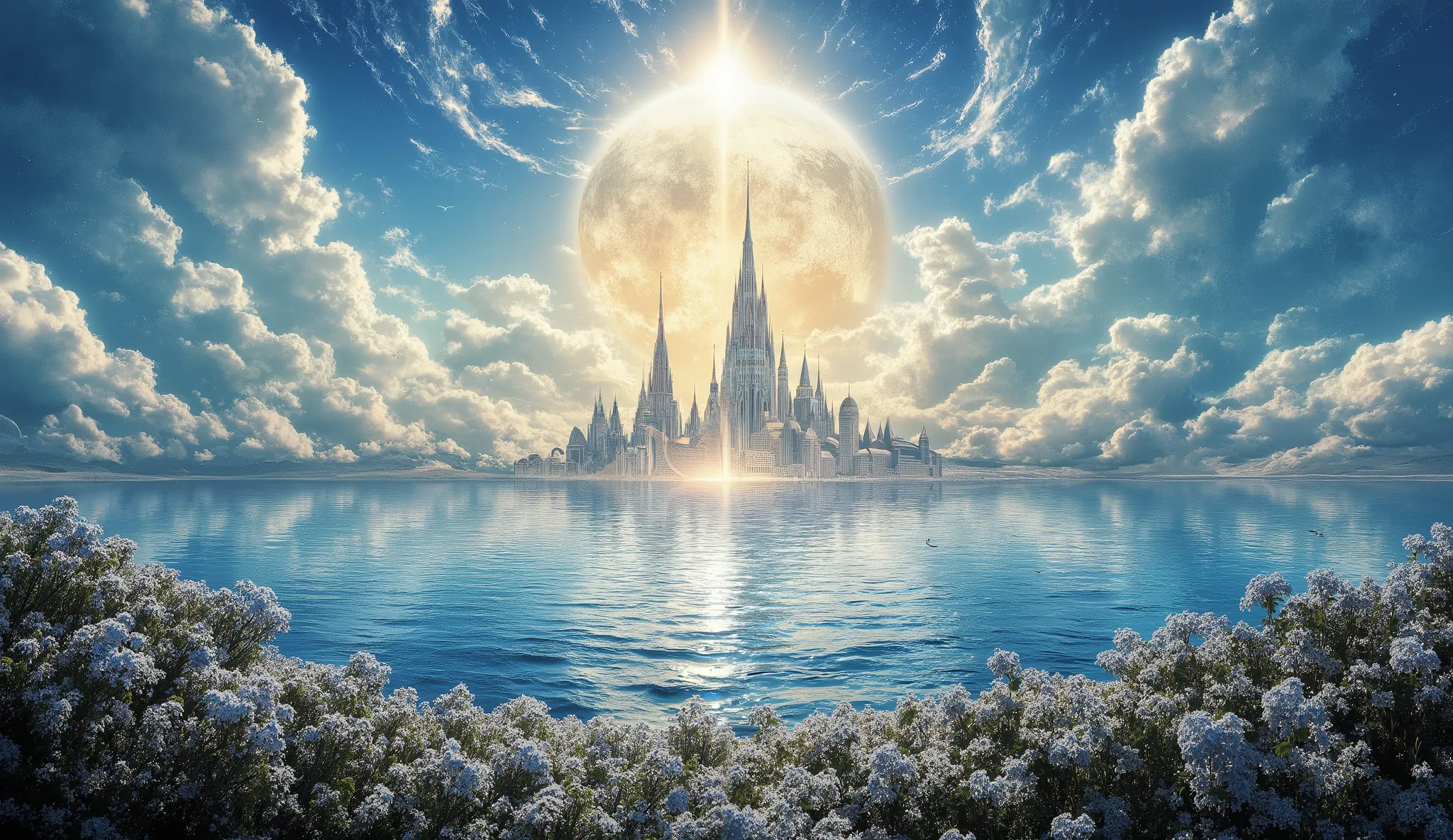 There is an image of a beautiful landscape with a giant moon, impressive fantasy 3D rendering, a heavenly city in the heavens, a large ocean, a large forest of white flowers, a large number of clouds everywhere, a planet in the sky and stars, a very detail...